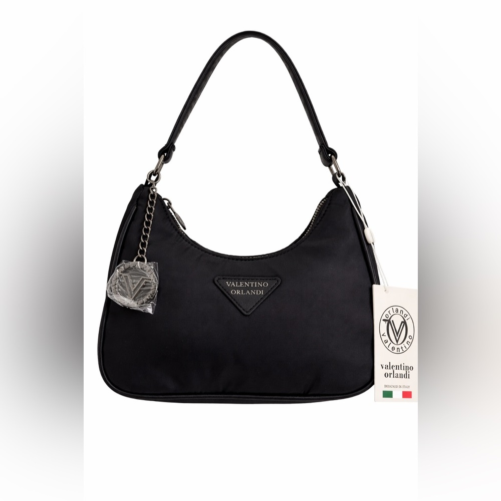 Valentino Orlandi Black Nylon Shoulder Bag Gunmetal Logo NWT Italian Designer